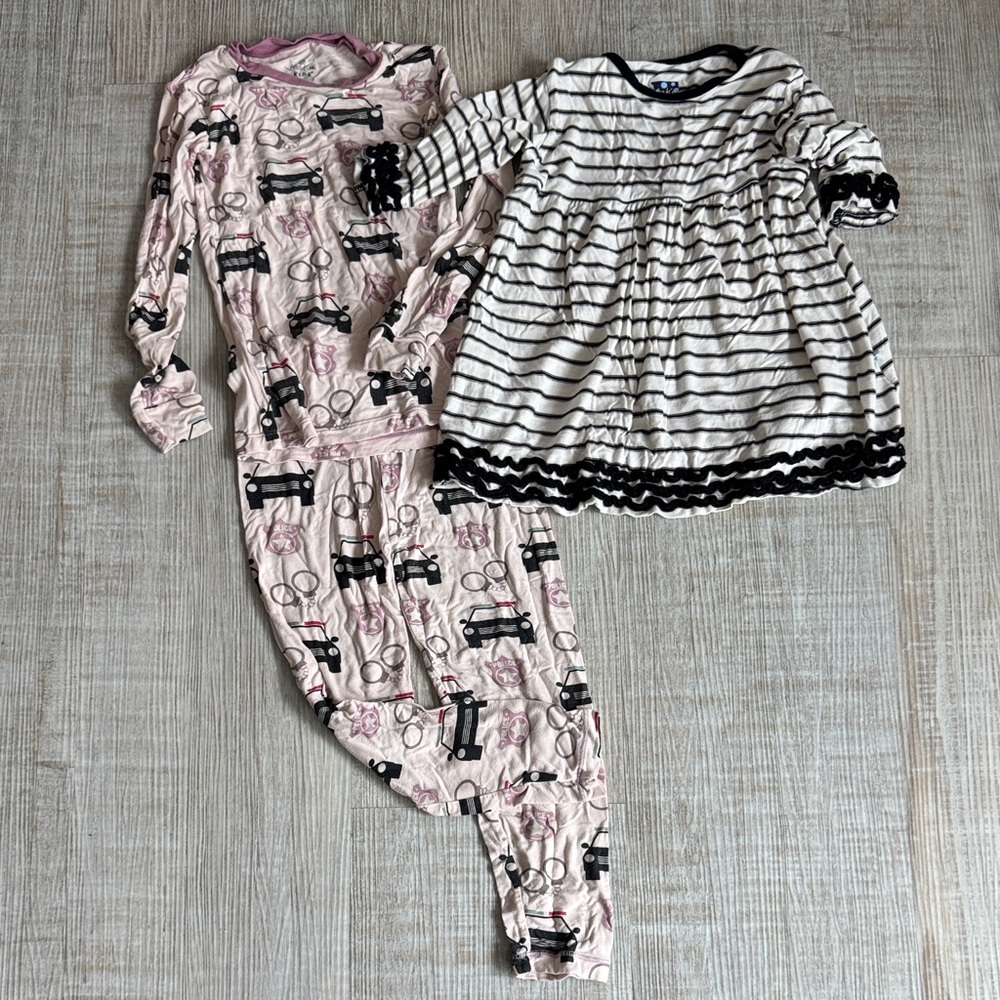 Kickee Pants, Size 6, Long Sleeve Police Print Pajama Set with Black-Trim Dress